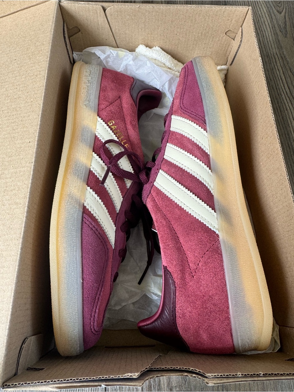 adidas Gazelle Suede Sneakers - Maroon with White Stripes Womens 8 Mens 7
